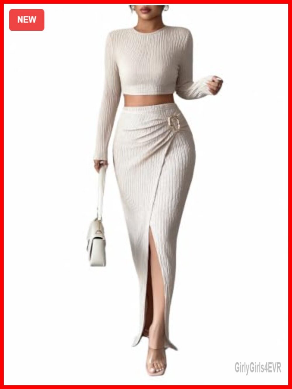 Two Piece Maxi Skirt Set Long Sleeve Crop Top High Slit